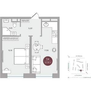 1-к квартира, вторичка, 42м2, 3/12 этаж