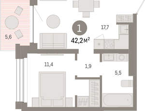 1-к квартира, вторичка, 42м2, 6/8 этаж