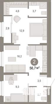 2-к квартира, вторичка, 57м2, 9/9 этаж