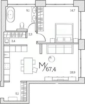 1-к квартира, сданный дом, 64м2, 3/11 этаж