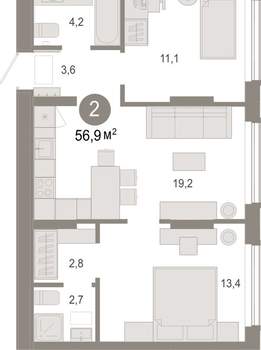 2-к квартира, вторичка, 57м2, 2/17 этаж