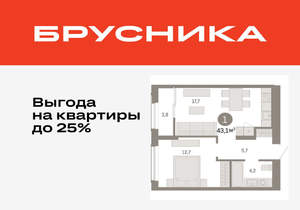 1-к квартира, вторичка, 43м2, 13/17 этаж