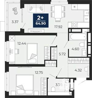 2-к квартира, вторичка, 65м2, 2/20 этаж