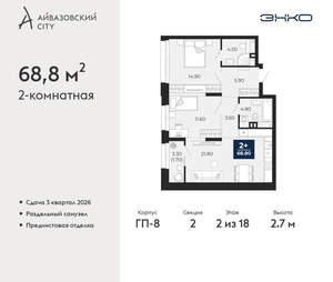 2-к квартира, вторичка, 69м2, 2/24 этаж