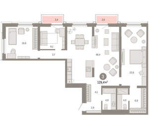 3-к квартира, вторичка, 129м2, 6/16 этаж