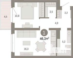 1-к квартира, вторичка, 46м2, 4/7 этаж