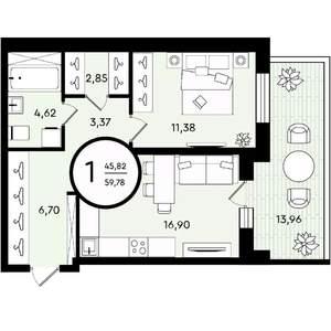 1-к квартира, вторичка, 60м2, 1/4 этаж