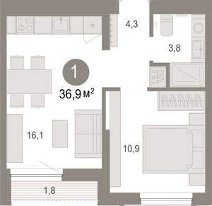 1-к квартира, вторичка, 37м2, 3/17 этаж