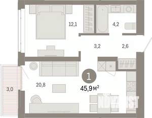 1-к квартира, вторичка, 46м2, 6/7 этаж