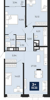 3-к квартира, вторичка, 100м2, 13/24 этаж