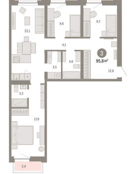 3-к квартира, вторичка, 96м2, 3/16 этаж