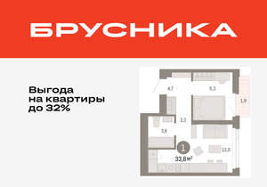 1-к квартира, вторичка, 34м2, 16/25 этаж