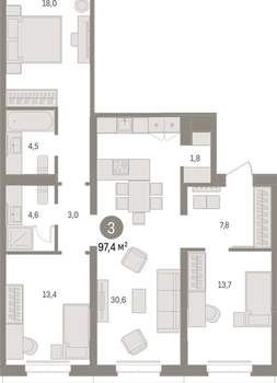 3-к квартира, вторичка, 97м2, 2/16 этаж
