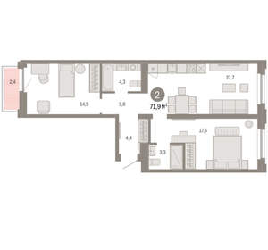 2-к квартира, вторичка, 72м2, 5/16 этаж