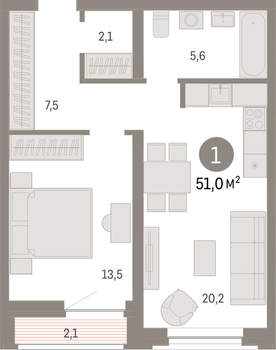 1-к квартира, вторичка, 51м2, 6/10 этаж