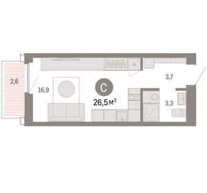 Студия квартира, вторичка, 27м2, 6/16 этаж