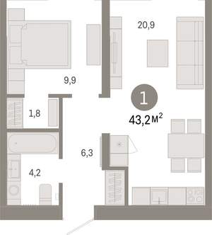 1-к квартира, вторичка, 43м2, 4/16 этаж