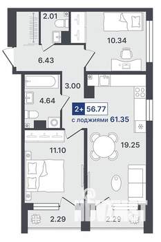 2-к квартира, строящийся дом, 57м2, 3/8 этаж