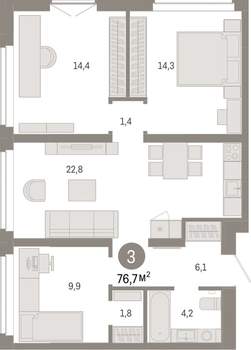 3-к квартира, вторичка, 77м2, 3/16 этаж