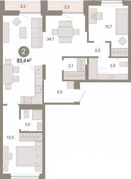 2-к квартира, вторичка, 83м2, 4/9 этаж