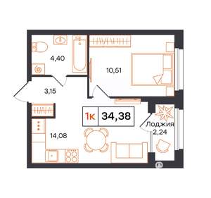 1-к квартира, строящийся дом, 34м2, 23/24 этаж