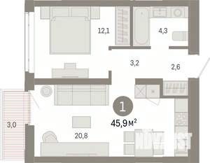 1-к квартира, вторичка, 46м2, 6/9 этаж