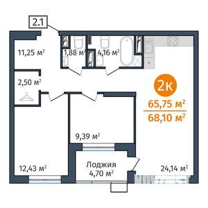 2-к квартира, вторичка, 66м2, 16/24 этаж