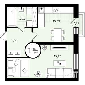 1-к квартира, вторичка, 36м2, 1/4 этаж