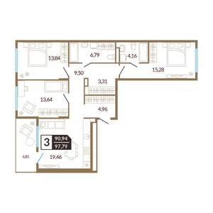 3-к квартира, вторичка, 98м2, 4/4 этаж