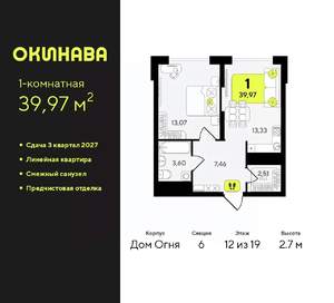 1-к квартира, вторичка, 40м2, 12/19 этаж