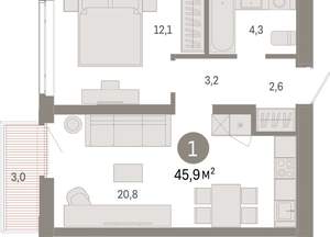 1-к квартира, вторичка, 46м2, 7/25 этаж