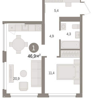 1-к квартира, вторичка, 47м2, 3/9 этаж