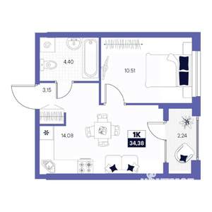 1-к квартира, строящийся дом, 34м2, 4/24 этаж