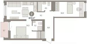 2-к квартира, вторичка, 68м2, 5/7 этаж