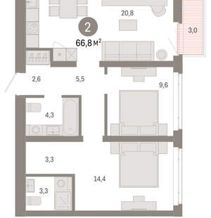 2-к квартира, вторичка, 67м2, 7/25 этаж