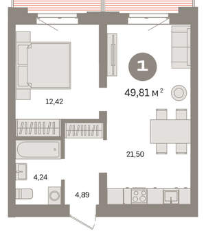 1-к квартира, вторичка, 50м2, 3/8 этаж