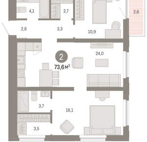 2-к квартира, вторичка, 74м2, 10/16 этаж