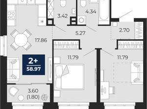 2-к квартира, вторичка, 59м2, 2/22 этаж