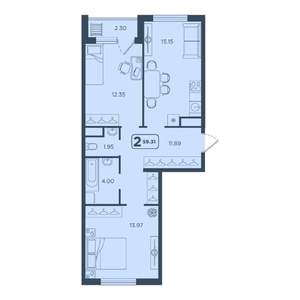 2-к квартира, вторичка, 59м2, 23/25 этаж