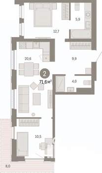 2-к квартира, вторичка, 72м2, 9/25 этаж