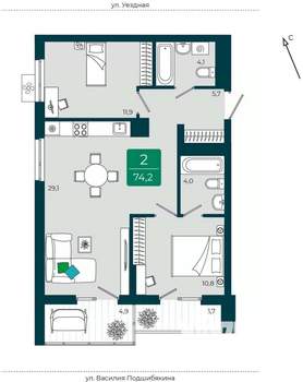 2-к квартира, вторичка, 74м2, 5/9 этаж