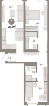 2-к квартира, вторичка, 70м2, 3/16 этаж