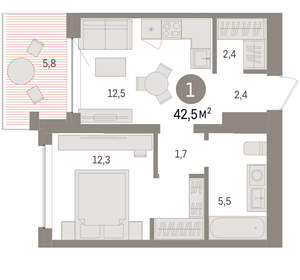 1-к квартира, вторичка, 42м2, 2/8 этаж