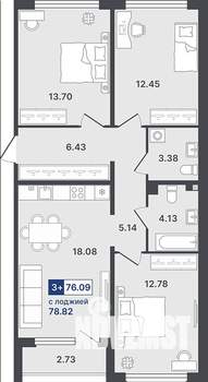 3-к квартира, строящийся дом, 76м2, 2/8 этаж