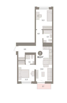 2-к квартира, вторичка, 66м2, 6/10 этаж