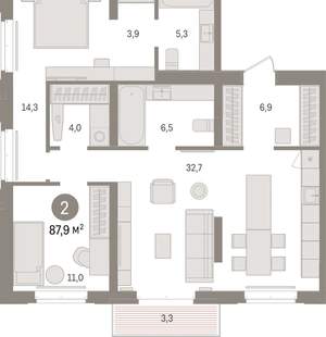 2-к квартира, вторичка, 88м2, 6/16 этаж