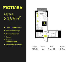 Студия квартира, вторичка, 25м2, 5/14 этаж