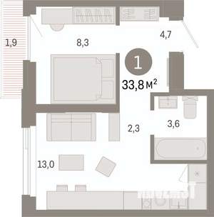 1-к квартира, вторичка, 34м2, 9/25 этаж