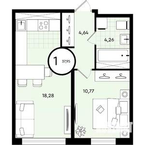 1-к квартира, вторичка, 38м2, 4/4 этаж