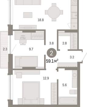2-к квартира, вторичка, 59м2, 3/8 этаж